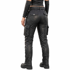 Handmade Black Leather Biker Cargo Pants | Women's Genuine Sheepskin Moto Trousers & High Waisted Straight Leg Riding Pants