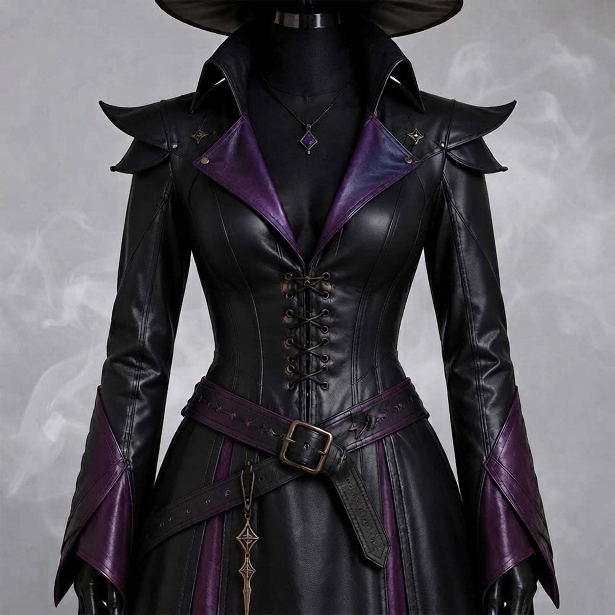 Close up view of the corset lace up bodice, purple lapels, and shoulder pauldrons on a handcrafted leather witch costume.