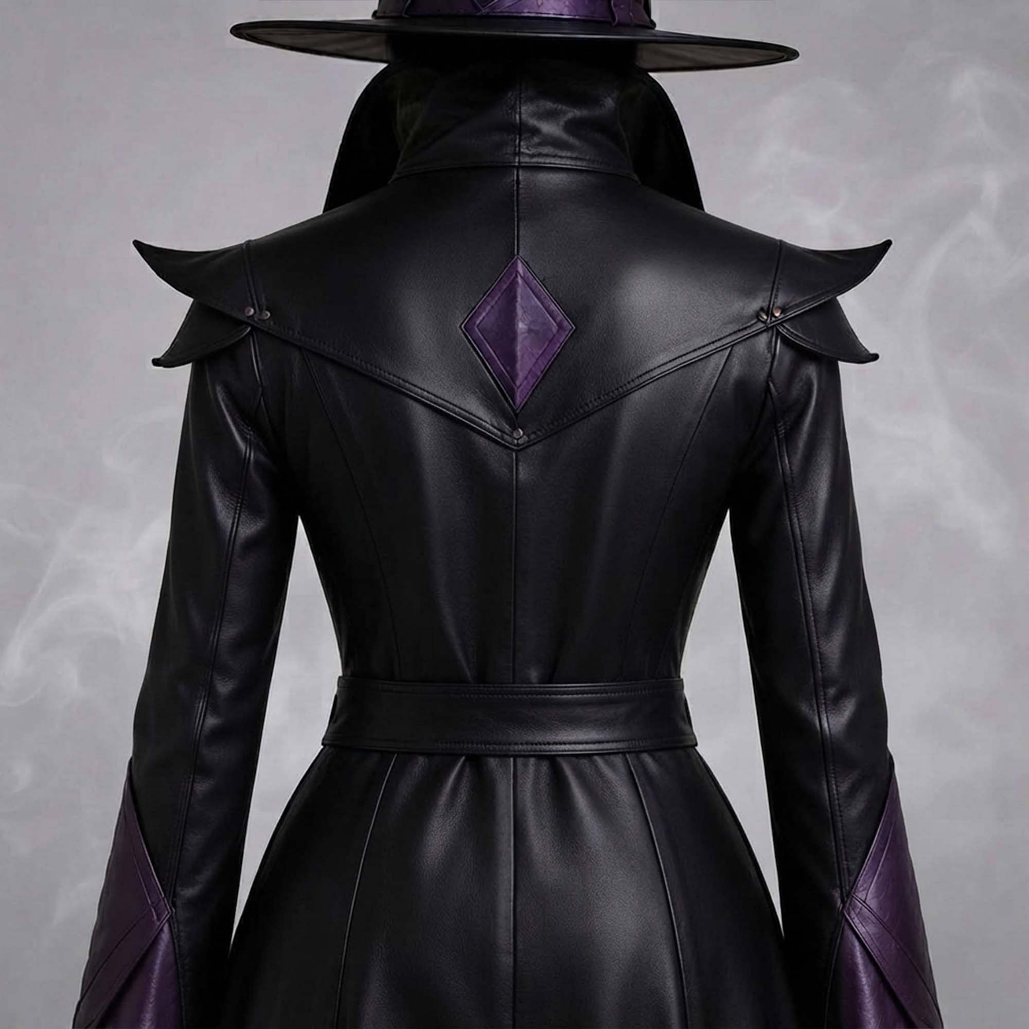 Detailed back view of the raised collar, diamond purple accent, and tailored shoulder structure on a black leather sorceress outfit.