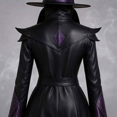 Detailed back view of the raised collar, diamond purple accent, and tailored shoulder structure on a black leather sorceress outfit.