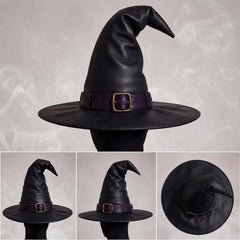 Multi angle view showing the top, side, and brim details of a black leather pointed witch hat with a purple buckle strap.
