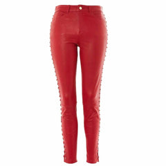 Front flat layout of women's red side-laced real sheepskin leather capri pants with snap button waistband