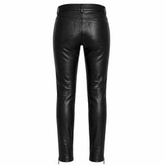 Back view of womens black genuine leather biker pants showing classic patch pockets and belt loops