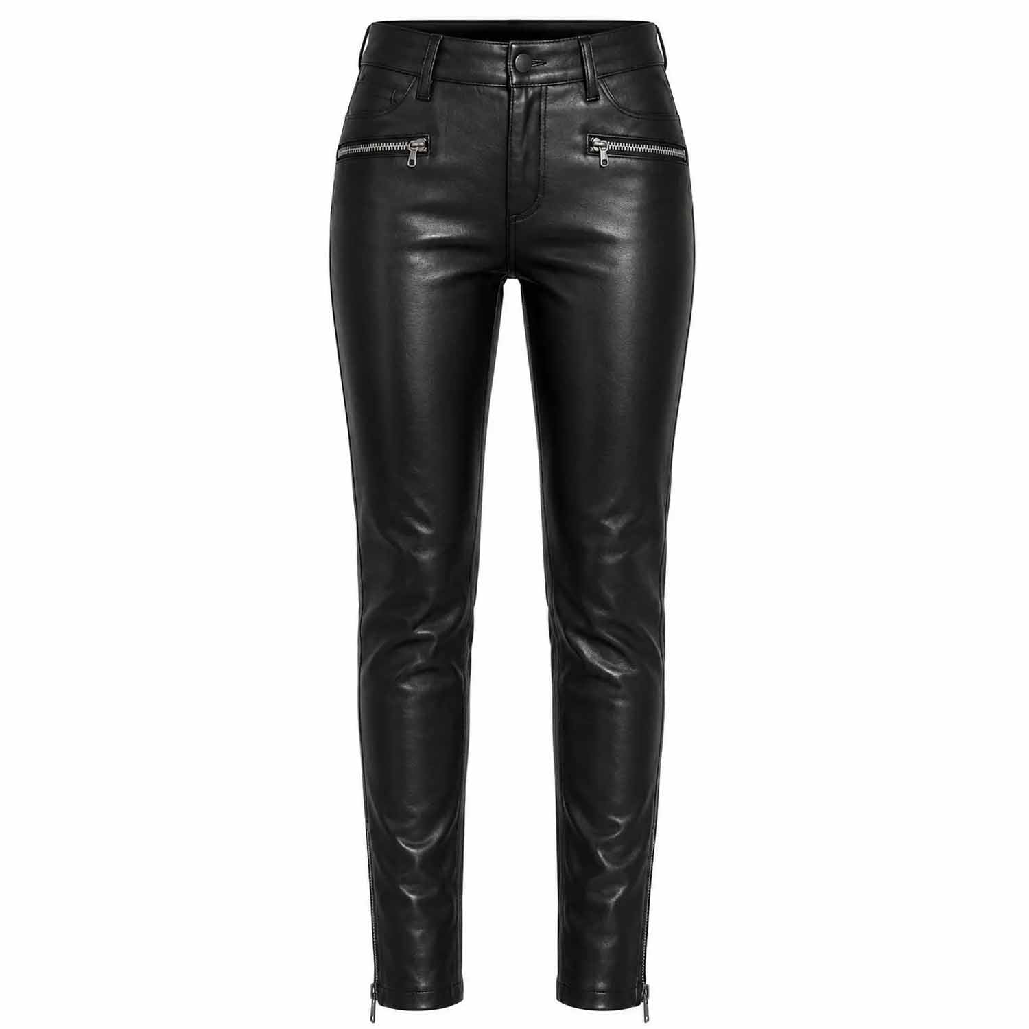 Front view of high waist slim fit black leather moto trousers featuring dual zip pockets and ankle zippers