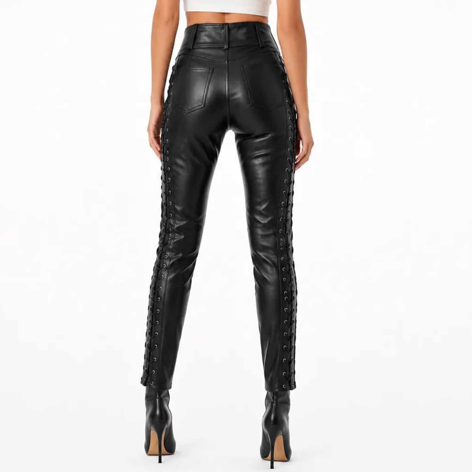 Back view of a woman wearing black genuine leather lace up skinny pants showing side lacing details