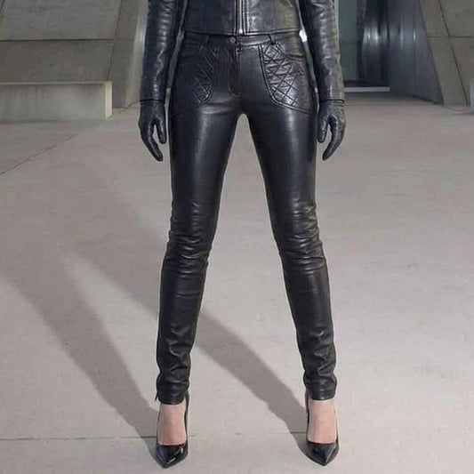 Front view of women's black genuine nappa leather pants showing diamond-quilted front pockets and slim fit