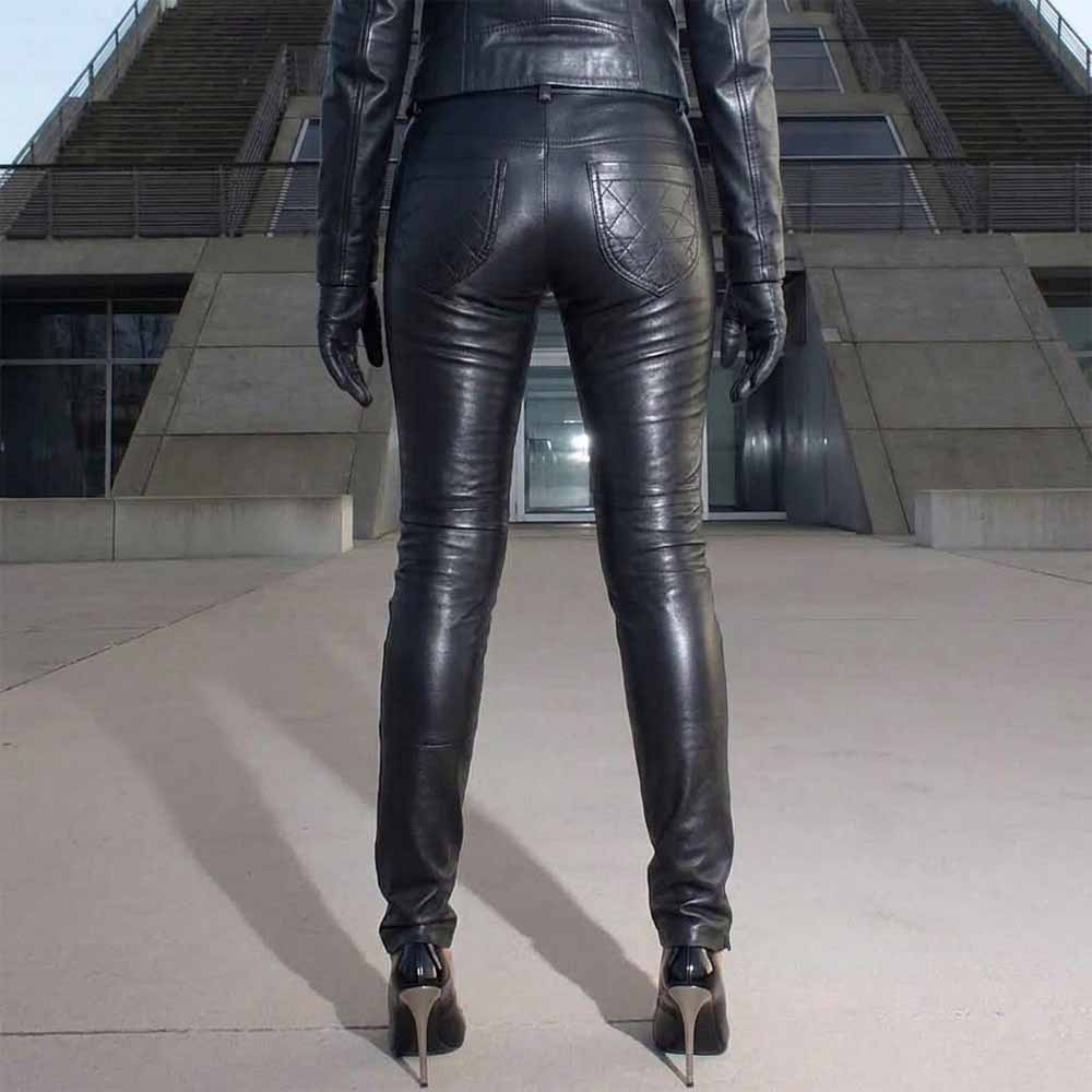 Back view of model wearing black genuine sheep nappa leather leggings featuring diamond-quilted rear pockets and stiletto heels