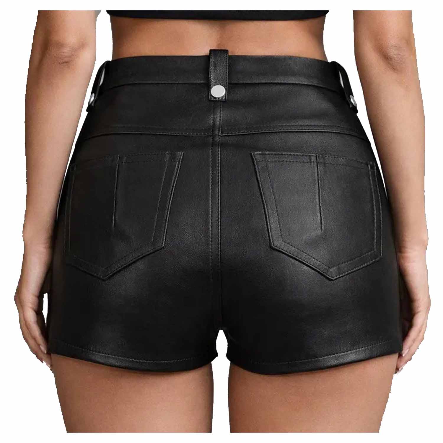 Back view of a woman wearing black leather high waisted shorts showing classic back patch pockets and belt loops