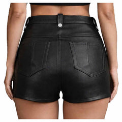 Back view of a woman wearing black leather high waisted shorts showing classic back patch pockets and belt loops