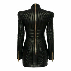 Womens Black Leather Trench Steampunk Dress Gothic PUNK Victorian Coat Jacket