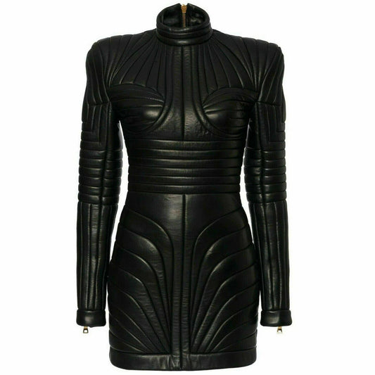 Womens Black Leather Trench Steampunk Dress Gothic PUNK Victorian Coat Jacket