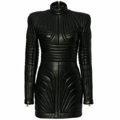 Womens Black Leather Trench Steampunk Dress Gothic PUNK Victorian Coat Jacket