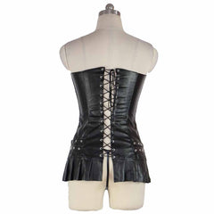 Womens Genuine Leather Clubwear Back Lace-up Strapless Black Sexy Club Dress