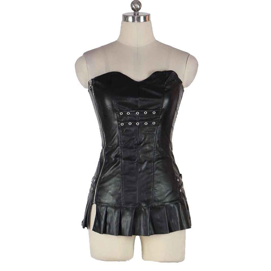 Womens Genuine Leather Clubwear Back Lace-up Strapless Black Sexy Club Dress