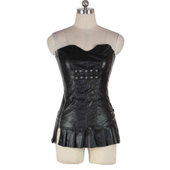 Womens Genuine Leather Clubwear Back Lace-up Strapless Black Sexy Club Dress