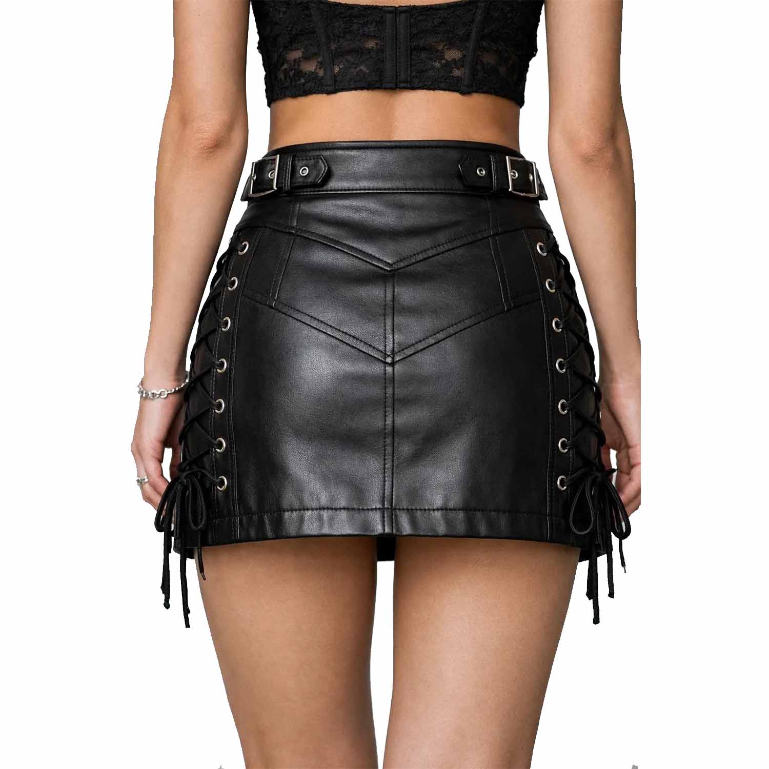 Back view of a woman wearing a black leather mini skirt showing detailed panel stitching, buckle waist accents, and side lacing