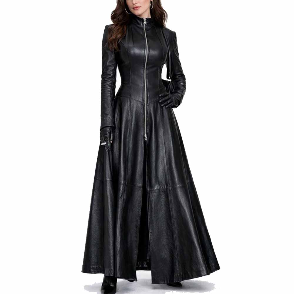 Womens Ladies Black Pure Lambskin Nappa Leather Long Leather Dress Gown Suit Gothic Trench Coat
