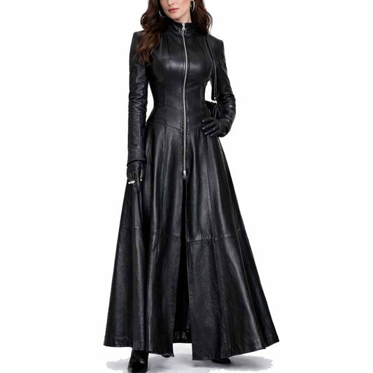 Womens Ladies Black Pure Lambskin Nappa Leather Long Leather Dress Gown Suit Gothic Trench Coat
