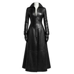 A black leather midi coat with a structured collar, front zipper, and long sleeves, displayed on a white mannequin against a plain white background.