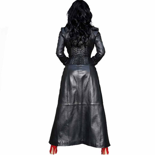 Womens Real Nappa Leather Long Black Dress Gown Suit Gothic Trench Coat