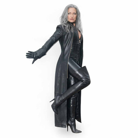 Womens Pure Black Nappa Lambs Leather Trench Steampunk Gothic Matrix Coat