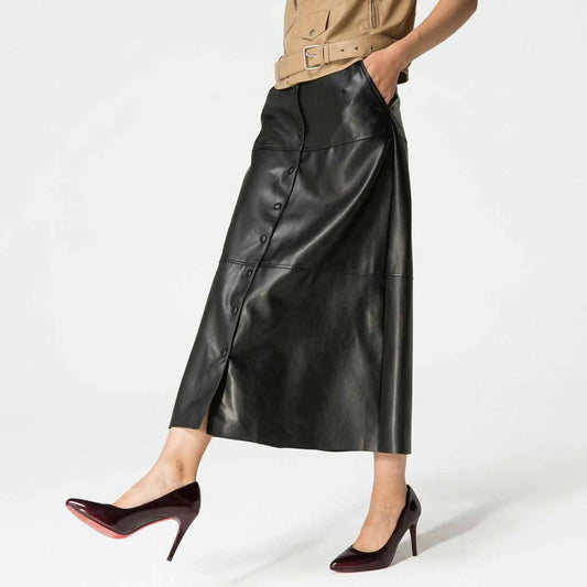 Womens Real Lambskin Leather Black Long Maxi Skirt Vintage Button Pocket Maxi Skirt