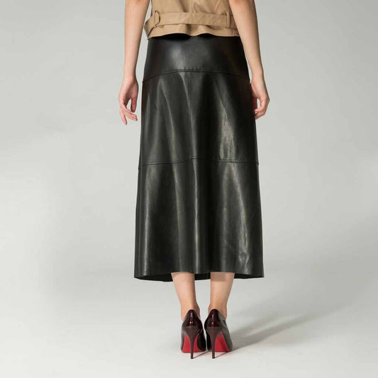 Womens Real Lambskin Leather Black Long Maxi Skirt Vintage Button Pocket Maxi Skirt