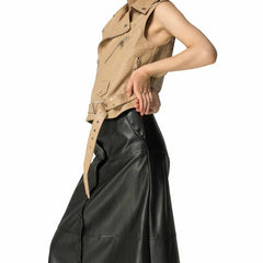 Womens Real Lambskin Leather Black Long Maxi Skirt Vintage Button Pocket Maxi Skirt