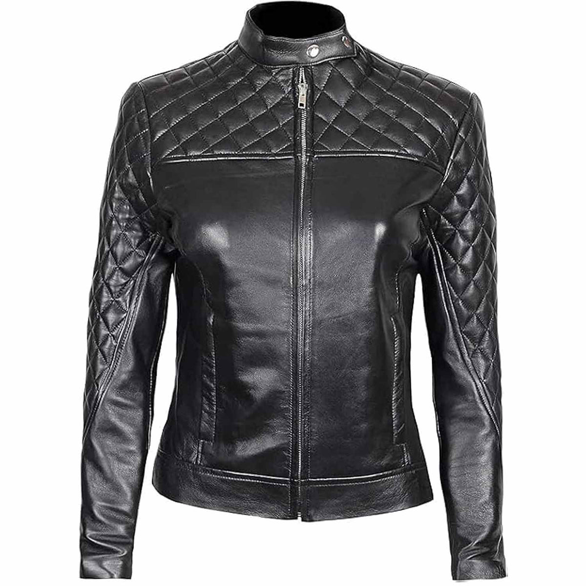 Womens Real Lambskin Leather Slim Fit Ladies Black Quilted Bikers Jacket