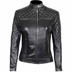 Womens Real Lambskin Leather Slim Fit Ladies Black Quilted Bikers Jacket
