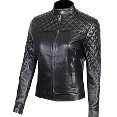 Womens Real Lambskin Leather Slim Fit Ladies Black Quilted Bikers Jacket