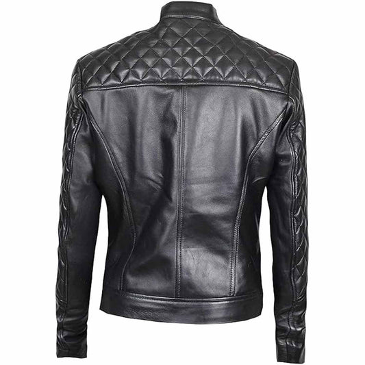 Womens Real Lambskin Leather Slim Fit Ladies Black Quilted Bikers Jacket