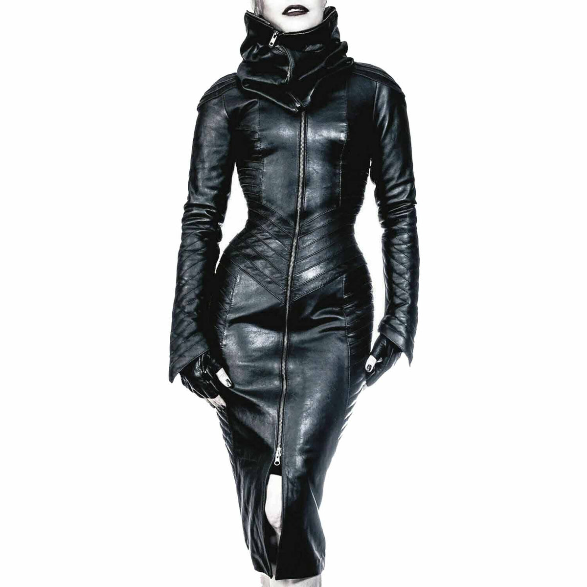 Womens Real Leather Gothic Bodysuit Separate Zipper Hood Steampunk Leather Dress