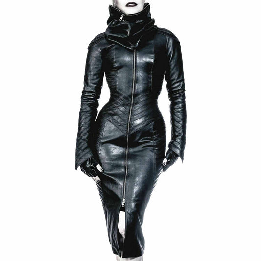 Womens Real Leather Gothic Bodysuit Separate Zipper Hood Steampunk Leather Dress
