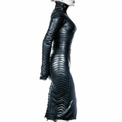 Womens Real Leather Gothic Bodysuit Separate Zipper Hood Steampunk Leather Dress