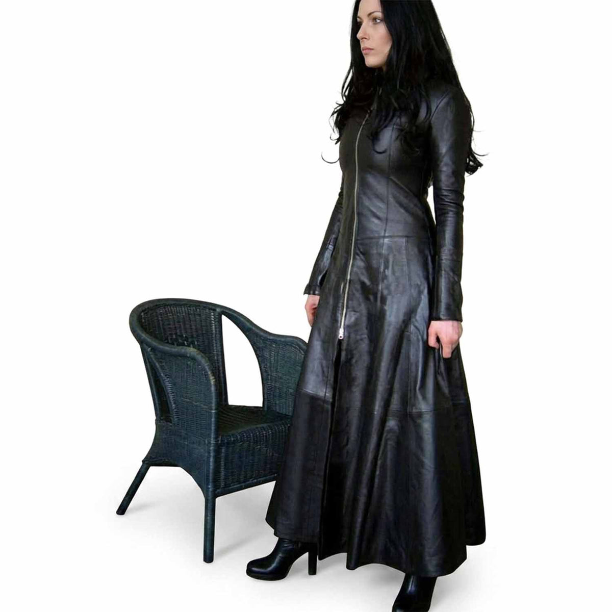 Womens Real Leather Long Black Leather Dress Gown Suit Gothic Trench Coat