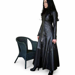 Womens Real Leather Long Black Leather Dress Gown Suit Gothic Trench Coat