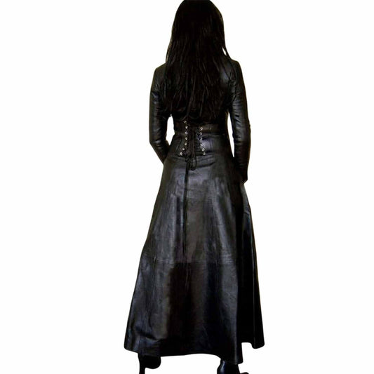 Womens Real Leather Long Black Leather Dress Gown Suit Gothic Trench Coat