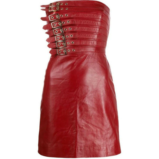 A red leather strapless mini dress with a structured corset-style bodice featuring multiple rows of gold-tone buckles and silver grommets, shown against a plain white background.