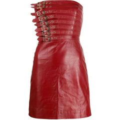 A red leather strapless mini dress with a structured corset-style bodice featuring multiple rows of gold-tone buckles and silver grommets, shown against a plain white background.