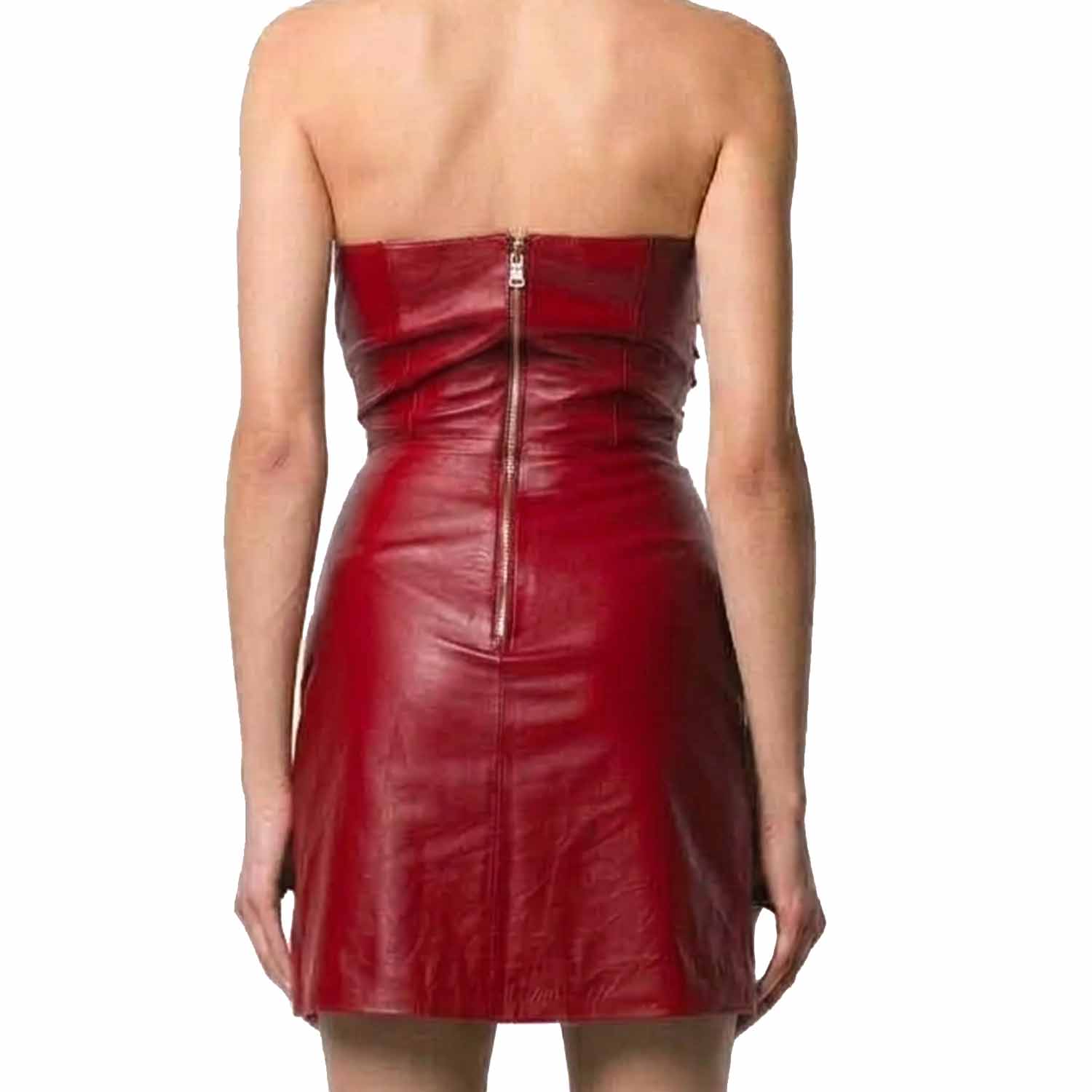 A strapless red leather mini dress shown from the back on a model, featuring a ruched bodice and a central zipper.