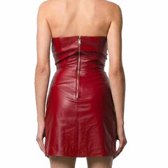A strapless red leather mini dress shown from the back on a model, featuring a ruched bodice and a central zipper.