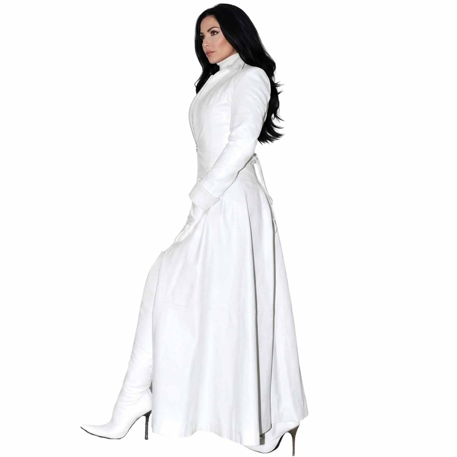 ide view of a woman wearing a floor-length white real Nappa leather trench coat dress styled with white high-heeled boots.