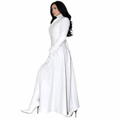 ide view of a woman wearing a floor-length white real Nappa leather trench coat dress styled with white high-heeled boots.