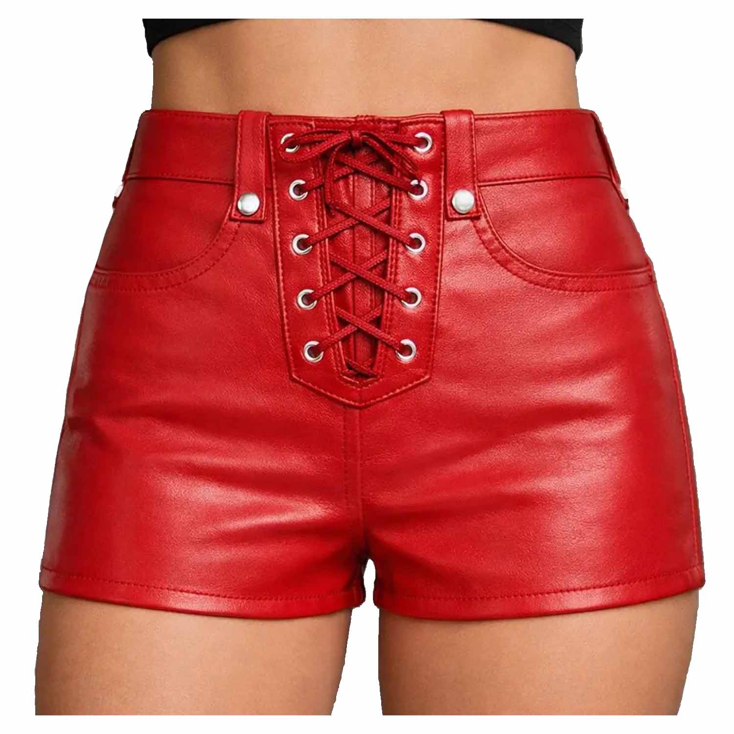 Front view of a woman wearing red lambs leather high waisted gothic shorts featuring a lace up closure and metal eyelets.