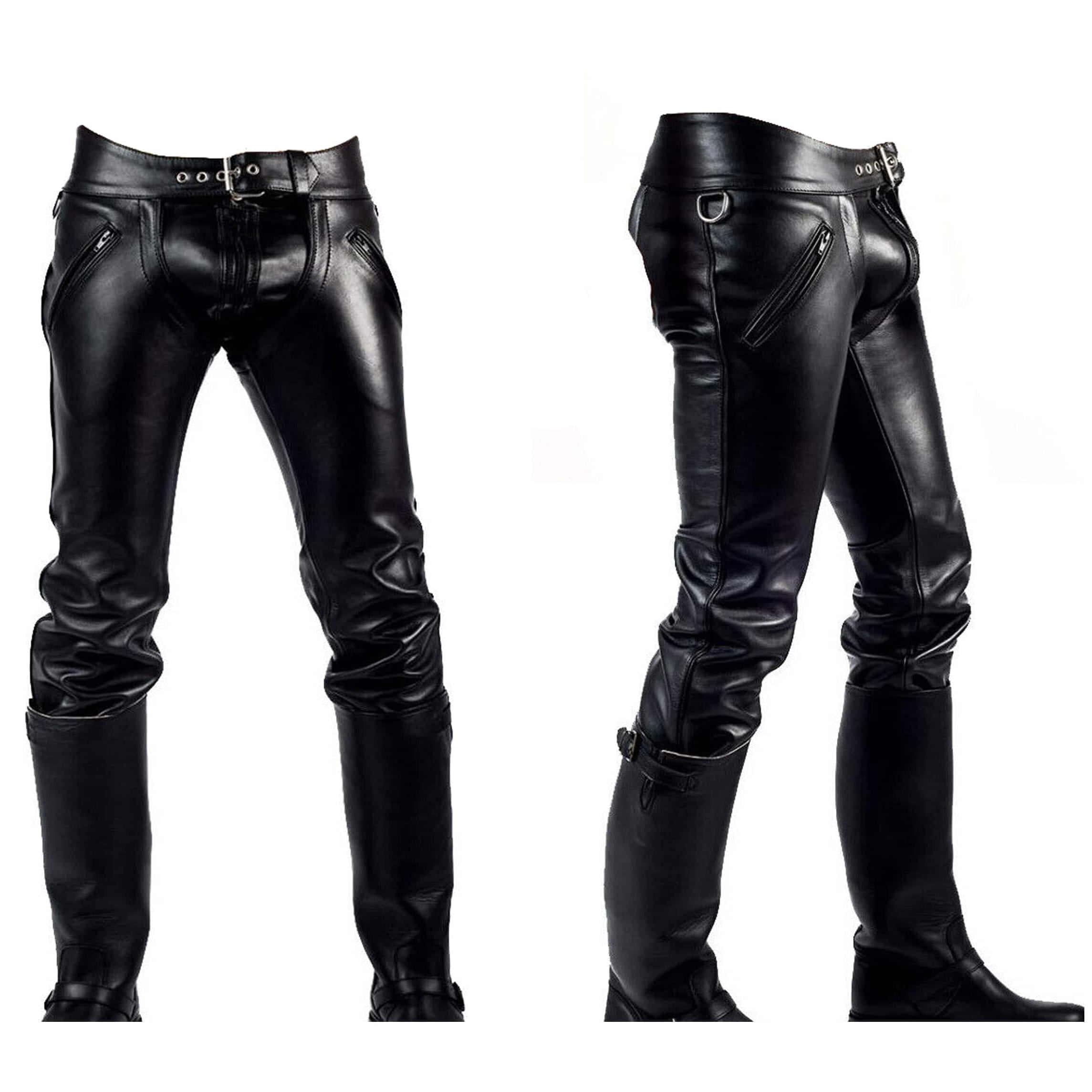 Black cowhide leather motorcycle pants shown from the front and side views, featuring zippered pockets, a belt with a metal buckle, and integrated black riding boots.