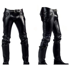 Black cowhide leather motorcycle pants shown from the front and side views, featuring zippered pockets, a belt with a metal buckle, and integrated black riding boots.