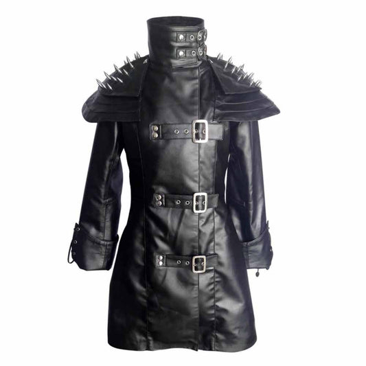LADIES BLACK REAL SHEEP LEATHER STEAMPUNK GOTHIC COAT T25