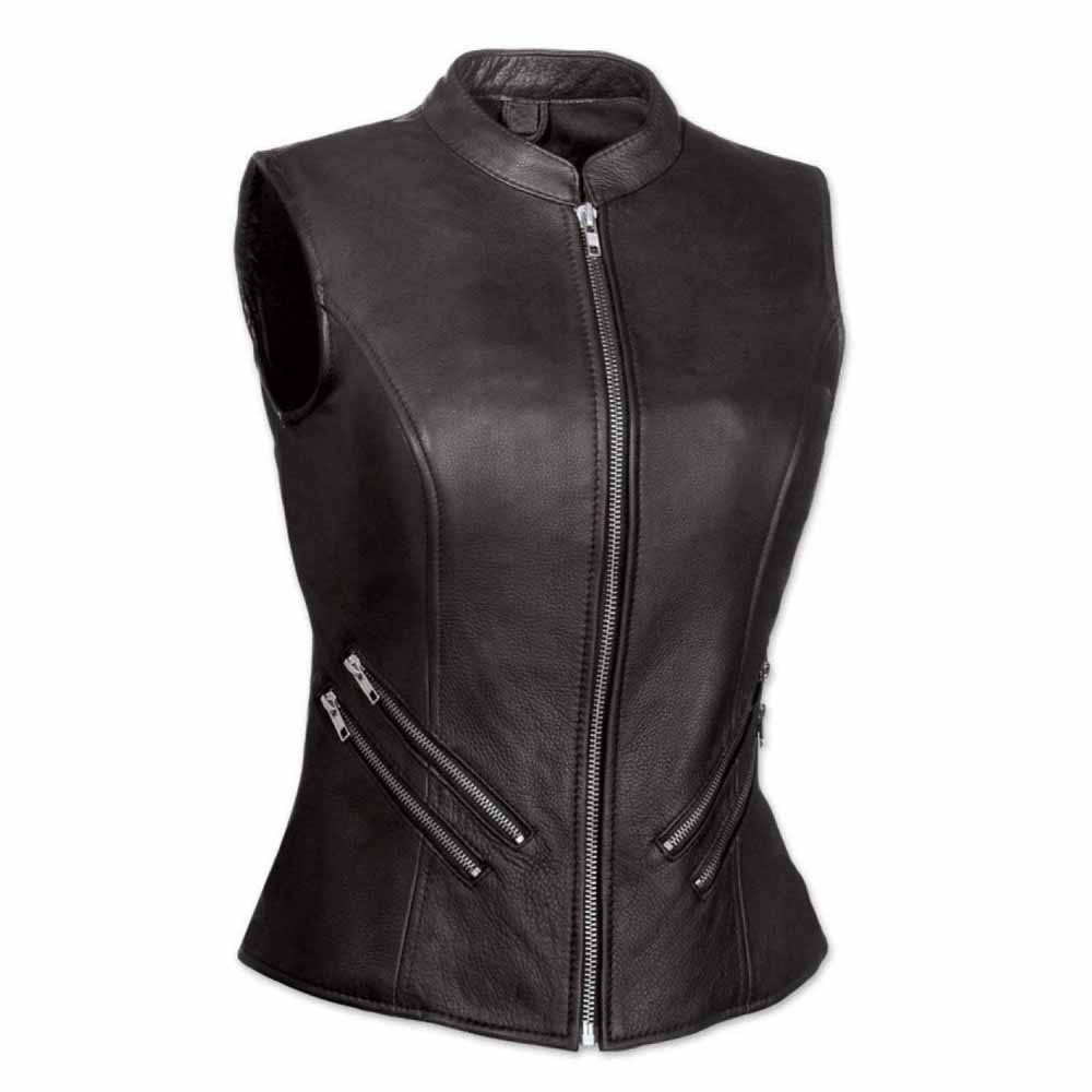 Ladies Soft Black Leather Bikers Waistcoat Vest