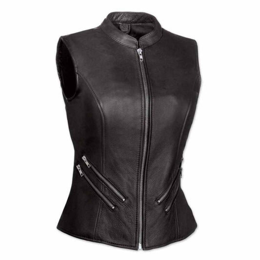 Ladies Soft Black Leather Bikers Waistcoat Vest